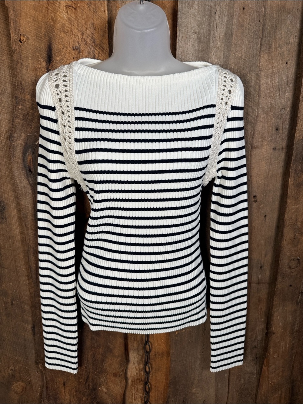 A.L.C. Striped Boatneck Ribbed Sweater with Crochet Straps - White & Black